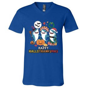 Happy Hallothanksmas Christmas Halloween Shark Thanksgiving Great Gift V-Neck T-Shirt