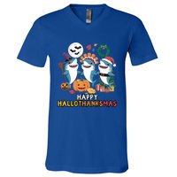 Happy Hallothanksmas Christmas Halloween Shark Thanksgiving Great Gift V-Neck T-Shirt