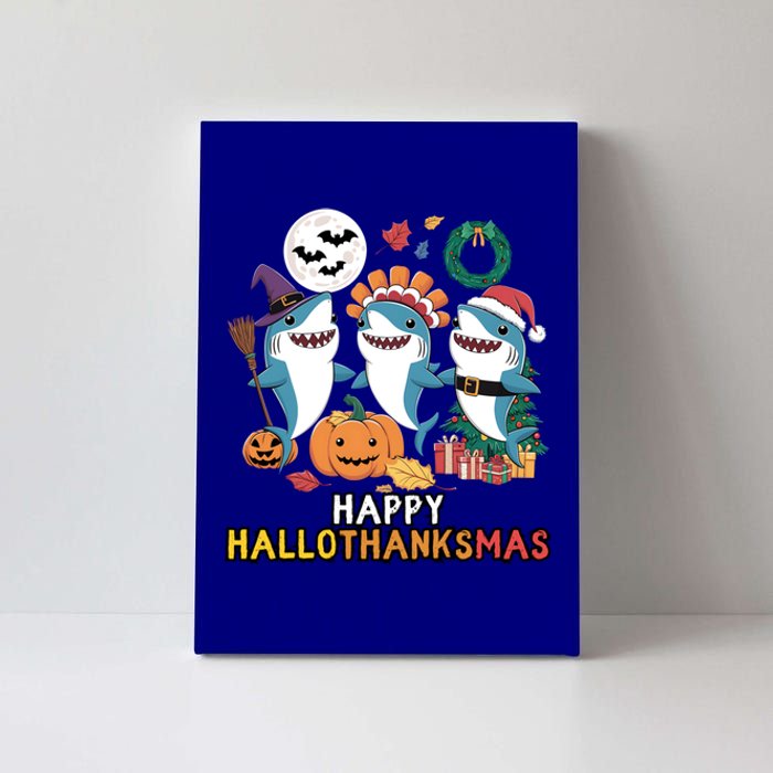 Happy Hallothanksmas Christmas Halloween Shark Thanksgiving Great Gift Canvas