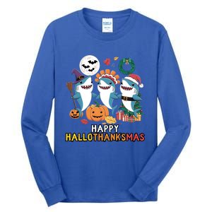 Happy Hallothanksmas Christmas Halloween Shark Thanksgiving Great Gift Tall Long Sleeve T-Shirt