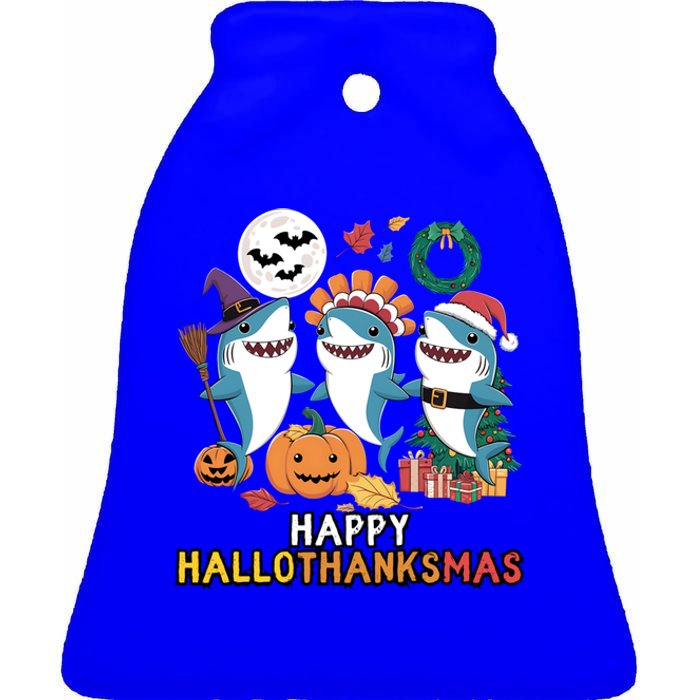 Happy Hallothanksmas Christmas Halloween Shark Thanksgiving Great Gift Ceramic Bell Ornament