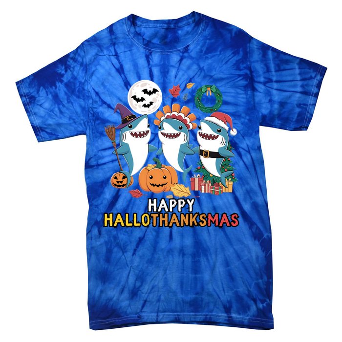 Happy Hallothanksmas Christmas Halloween Shark Thanksgiving Great Gift Tie-Dye T-Shirt