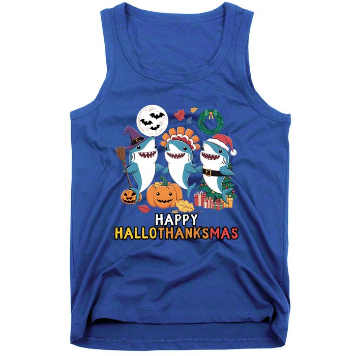 Happy Hallothanksmas Christmas Halloween Shark Thanksgiving Great Gift Tank Top