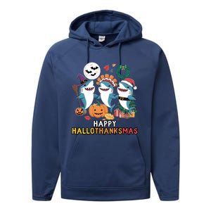 Happy Hallothanksmas Christmas Halloween Shark Thanksgiving Great Gift Performance Fleece Hoodie