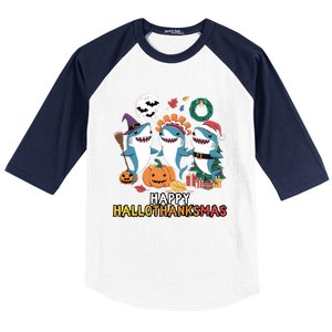 Happy Hallothanksmas Christmas Halloween Shark Thanksgiving Great Gift Baseball Sleeve Shirt