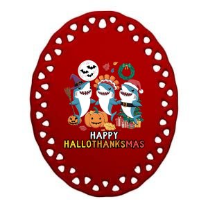 Happy Hallothanksmas Christmas Halloween Shark Thanksgiving Great Gift Ceramic Oval Ornament