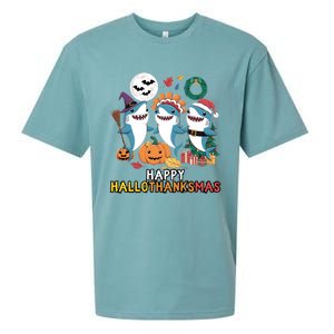 Happy Hallothanksmas Christmas Halloween Shark Thanksgiving Great Gift Sueded Cloud Jersey T-Shirt