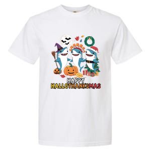 Happy Hallothanksmas Christmas Halloween Shark Thanksgiving Great Gift Garment-Dyed Heavyweight T-Shirt