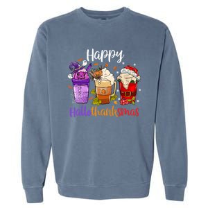 Happy Hallothanksmas Coffee Latte Halloween Thanksgiving Great Gift Garment-Dyed Sweatshirt