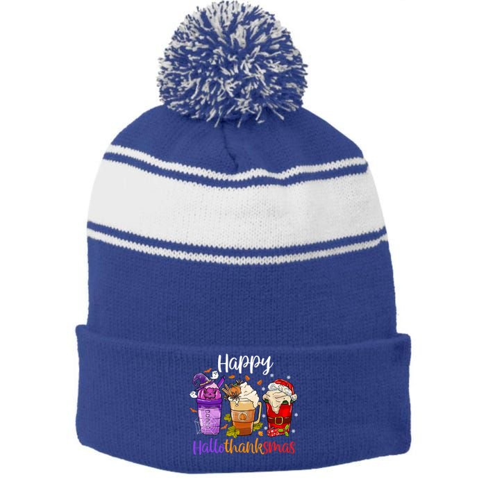 Happy Hallothanksmas Coffee Latte Halloween Thanksgiving Great Gift Stripe Pom Pom Beanie