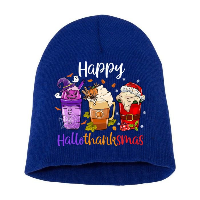 Happy Hallothanksmas Coffee Latte Halloween Thanksgiving Great Gift Short Acrylic Beanie