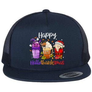 Happy Hallothanksmas Coffee Latte Halloween Thanksgiving Great Gift Flat Bill Trucker Hat