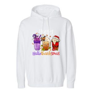 Happy Hallothanksmas Coffee Latte Halloween Thanksgiving Great Gift Garment-Dyed Fleece Hoodie