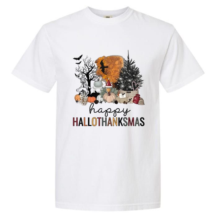 Happy Hallothanksmas Coffee Halloween Thanksgiving Christmas Garment-Dyed Heavyweight T-Shirt