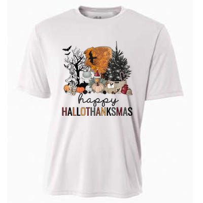 Happy Hallothanksmas Coffee Halloween Thanksgiving Christmas Cooling Performance Crew T-Shirt