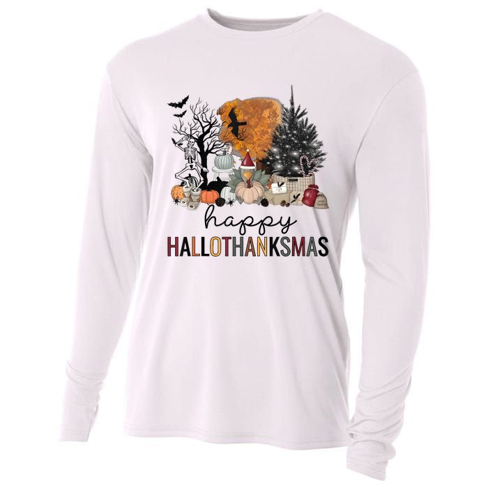 Happy Hallothanksmas Coffee Halloween Thanksgiving Christmas Cooling Performance Long Sleeve Crew