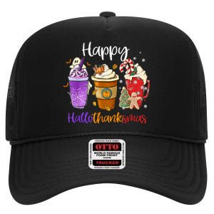 Happy Hallothanksmas Coffee Latte Halloween Thanksgiving High Crown Mesh Back Trucker Hat