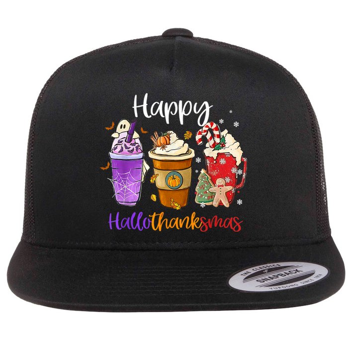 Happy Hallothanksmas Coffee Latte Halloween Thanksgiving Flat Bill Trucker Hat