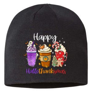 Happy Hallothanksmas Coffee Latte Halloween Thanksgiving Sustainable Beanie