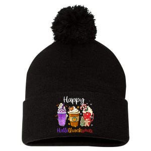 Happy Hallothanksmas Coffee Latte Halloween Thanksgiving Pom Pom 12in Knit Beanie