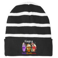 Happy Hallothanksmas Coffee Latte Halloween Thanksgiving Striped Beanie with Solid Band