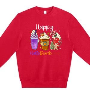 Happy Hallothanksmas Coffee Latte Halloween Thanksgiving Premium Crewneck Sweatshirt