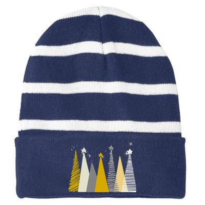 Happy Holidays Christmas Tree Festive Striped Beanie with Solid Band