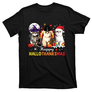 Happy Hallothanksmas Cats Halloween Thanksgiving Christmas T-Shirt