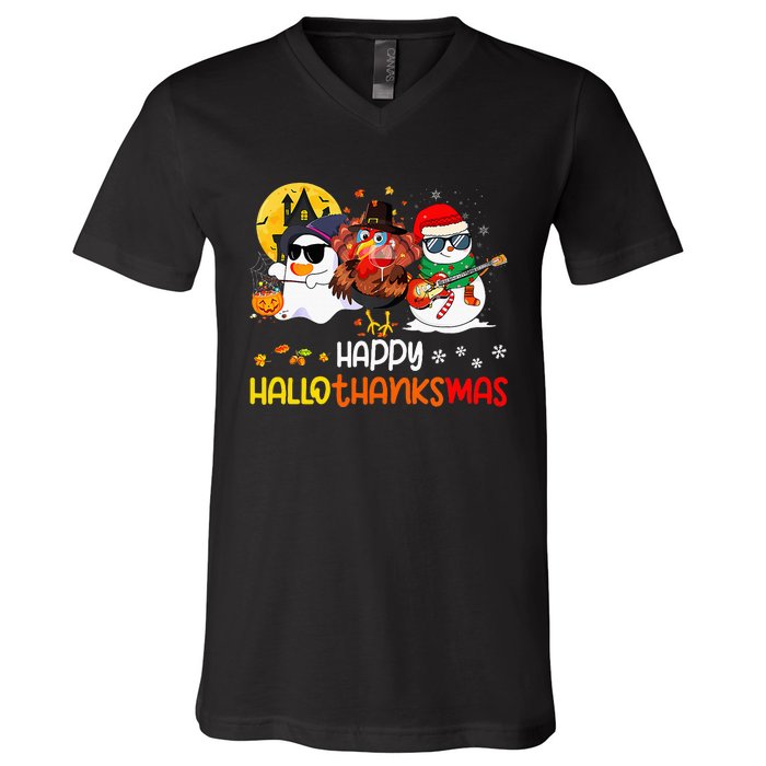 Happy Hallothanksmas Cute Ghost Halloween Thanksgiving Xmas V-Neck T-Shirt