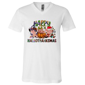 Happy Hallothanksmas Cute Pig Farm Animals Farmer Pig Lover V-Neck T-Shirt