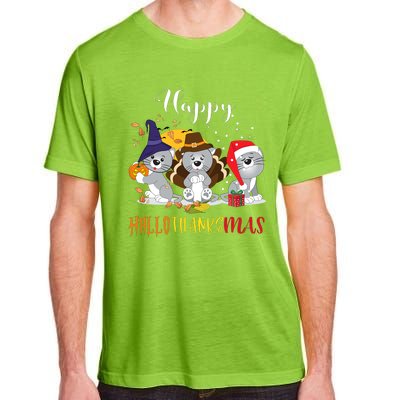 Happy Hallothanksmas Cats Halloween Christmas Thanksgiving Cool Gift Adult ChromaSoft Performance T-Shirt