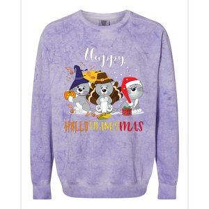 Happy Hallothanksmas Cats Halloween Christmas Thanksgiving Cool Gift Colorblast Crewneck Sweatshirt