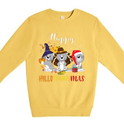 Happy Hallothanksmas Cats Halloween Christmas Thanksgiving Cool Gift Premium Crewneck Sweatshirt