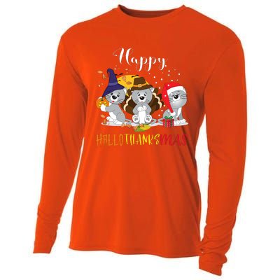 Happy Hallothanksmas Cats Halloween Christmas Thanksgiving Cool Gift Cooling Performance Long Sleeve Crew