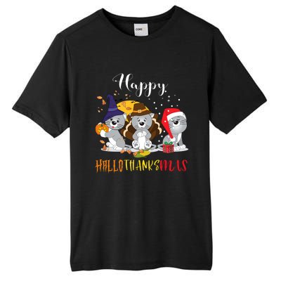 Happy Hallothanksmas Cats Halloween Christmas Thanksgiving Cool Gift Tall Fusion ChromaSoft Performance T-Shirt