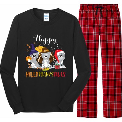 Happy Hallothanksmas Cats Halloween Christmas Thanksgiving Cool Gift Long Sleeve Pajama Set