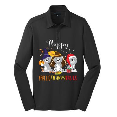 Happy Hallothanksmas Cats Halloween Christmas Thanksgiving Cool Gift Silk Touch Performance Long Sleeve Polo