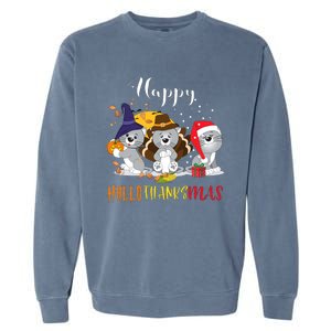 Happy Hallothanksmas Cats Halloween Christmas Thanksgiving Cool Gift Garment-Dyed Sweatshirt