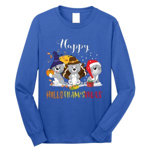 Happy Hallothanksmas Cats Halloween Christmas Thanksgiving Cool Gift Long Sleeve Shirt