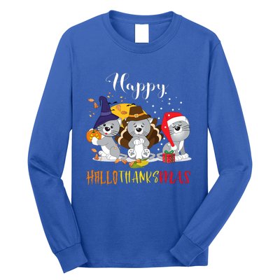 Happy Hallothanksmas Cats Halloween Christmas Thanksgiving Cool Gift Long Sleeve Shirt