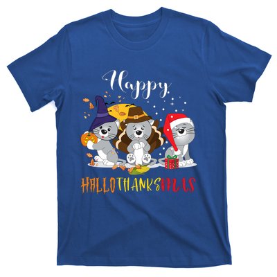 Happy Hallothanksmas Cats Halloween Christmas Thanksgiving Cool Gift T-Shirt