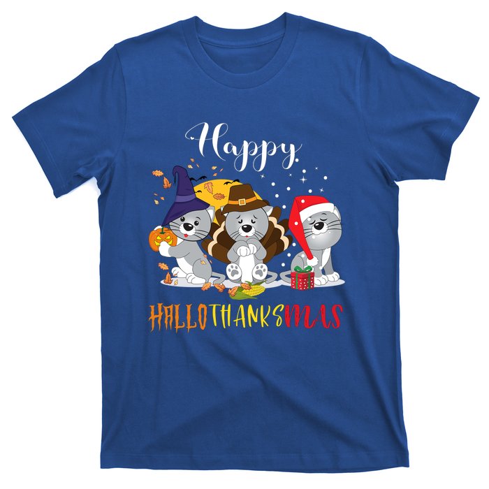 Happy Hallothanksmas Cats Halloween Christmas Thanksgiving Cool Gift T-Shirt