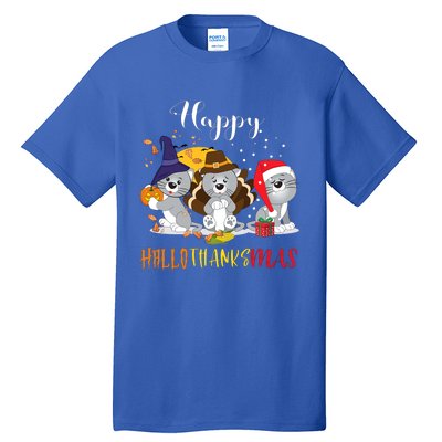 Happy Hallothanksmas Cats Halloween Christmas Thanksgiving Cool Gift Tall T-Shirt