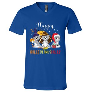 Happy Hallothanksmas Cats Halloween Christmas Thanksgiving Cool Gift V-Neck T-Shirt