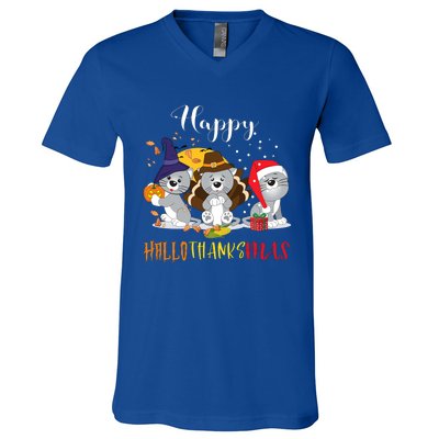 Happy Hallothanksmas Cats Halloween Christmas Thanksgiving Cool Gift V-Neck T-Shirt