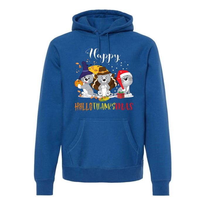 Happy Hallothanksmas Cats Halloween Christmas Thanksgiving Cool Gift Premium Hoodie