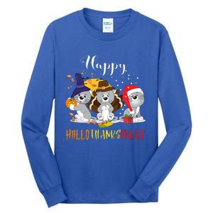 Happy Hallothanksmas Cats Halloween Christmas Thanksgiving Cool Gift Tall Long Sleeve T-Shirt