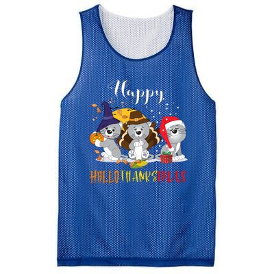 Happy Hallothanksmas Cats Halloween Christmas Thanksgiving Cool Gift Mesh Reversible Basketball Jersey Tank