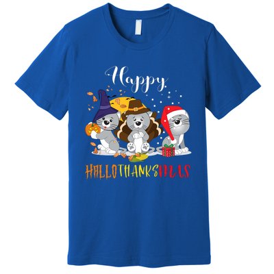 Happy Hallothanksmas Cats Halloween Christmas Thanksgiving Cool Gift Premium T-Shirt