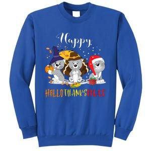 Happy Hallothanksmas Cats Halloween Christmas Thanksgiving Cool Gift Tall Sweatshirt